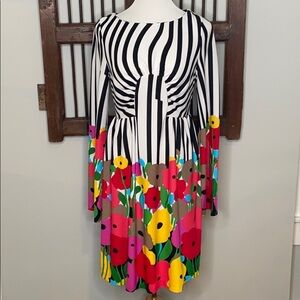 TIBI BLACK‎ & WHITE STRIPE LS DRESS W FLOWERS SZ M